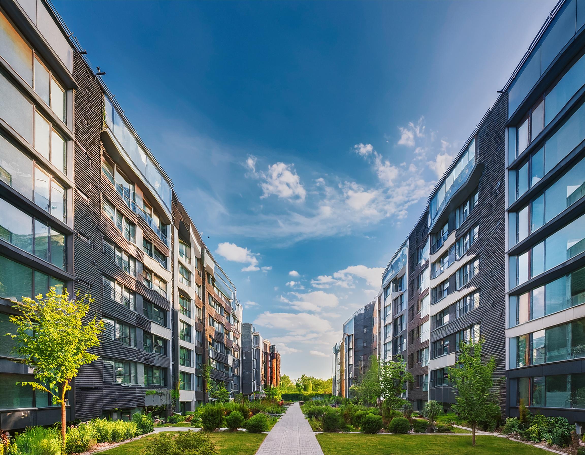 apartment complexes, 6 floors tall, Long width buildings, metal facade, single individual window, buildings metal sheets, blue sky, lush landscaping , community housing